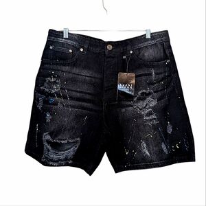 Boohoo Mens Black Distressed Paint-Accent Jean Shorts
